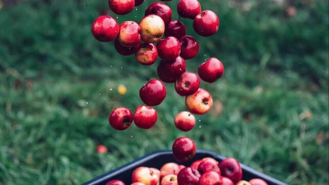Red apples fall gracefully from the top frame, blurred Green grass background