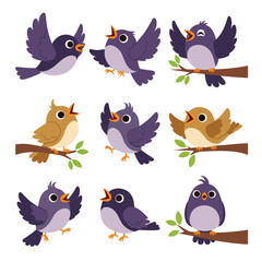 Nine adorable flying and perching birds singing joyful melodies on branches