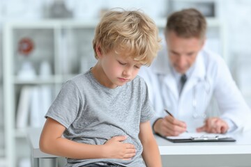Young caucasian boy with stomach ache visiting doctor in medical office