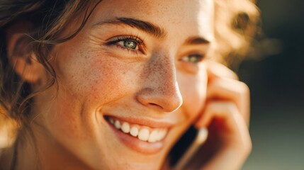 A woman with a warm smile and freckles enjoys a sunny phone call.