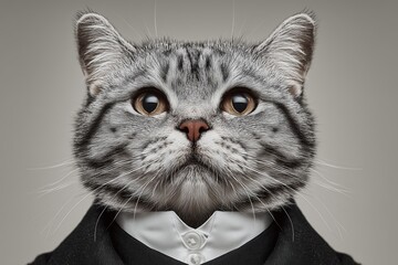 Gray tabby cat in black suit with whiskers and buttoned shirt close-up portrait