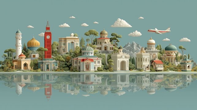 Pastel Blue Global Landmarks with Water Reflection