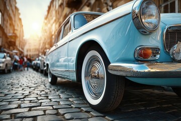 Vintage blue car on cobblestone street in historic european city at sunset