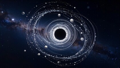 A stylized black hole swirls at the center of a star-filled galaxy—evoking cosmic gravity, systemic collapse, and the choreography of distortion, memory, and suspended transformation.