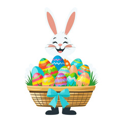 Joyful easter bunny with basket full of colorful painted eggs vector illustration