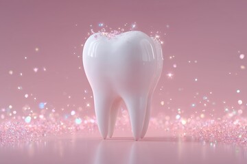 Sparkling tooth on pink background with glittering accents