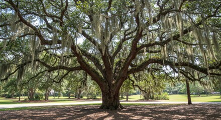 A sprawling oak tree heavily draped with Spanish moss dominates a grassy park landscape