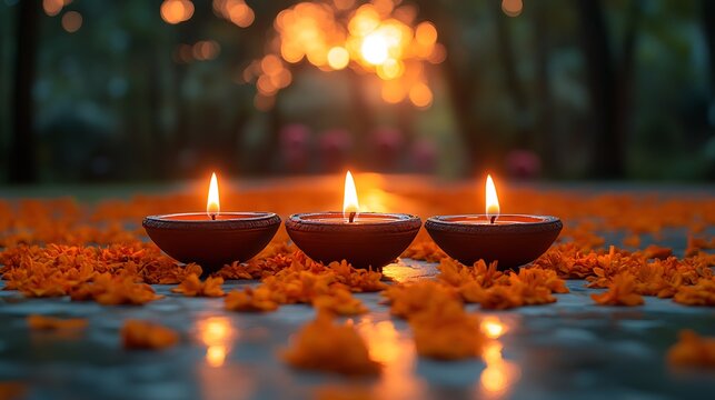 Three lit clay diyas surrounded by orange marigold petals at dusk oil lamp candle