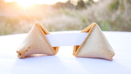 Two fortune cookies sit on a white tablecloth, each with a blank slip of paper inside, against a blurred background of out-of-focus greenery and sunlight.
