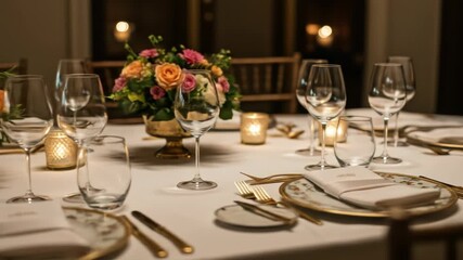 Elegant table setting with floral centerpieces and gold accents for a formal occasion - Powered by Adobe