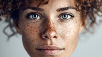 Obraz premium A captivating close-up portrait showcasing a woman's natural beauty and freckles.