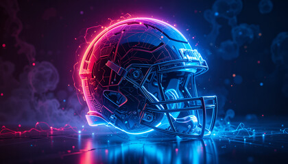 Futuristic glowing American football helmet design with vibrant neon light effects, concept art