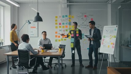 Business team conducting a collaborative presentation with colorful sticky notes and data charts in a modern office - Powered by Adobe