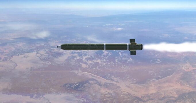 High-altitude missile cruising over desert landscape. War And Weapons Related 3D Animation.