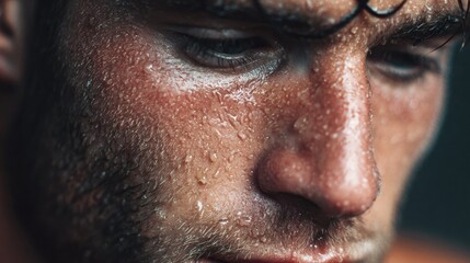 Fototapeta premium The close-up shot shows a sweaty man's face, highlighting exertion and physical strain.