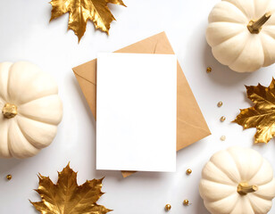  Flat lay of white pumpkins, golden leaves, blank card and envelope on a crisp white background for autumn