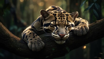 Sleepy clouded leopard in a jungle