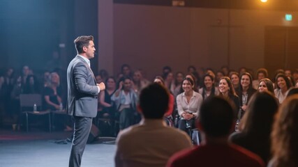 Business speaker presenting confidently to engaged audience in professional conference setting