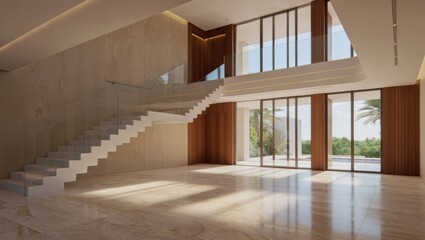 Naklejka premium Modern interior architecture with sweeping staircase and large windows bathed in sunlight