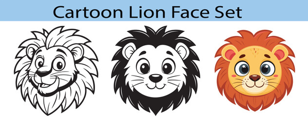 Cartoon Lion Face Set  Outline, Monochrome, and Colored Versions