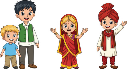 Cartoon Children in Traditional Indian and Western Clothes – Cultural Diversity and Festive Outfits – Vector Kids from Different Backgrounds