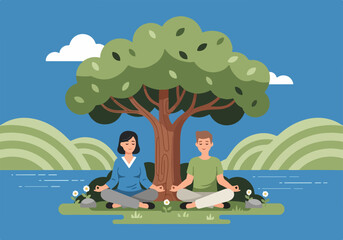 Serene couple finds inner peace through outdoor meditation, embracing mindfulness and natural tranquility under a lush tree by the water