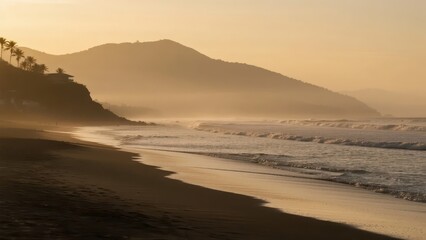 A seaside beach shrouded in mist, with waves gently lapping. The distant mountains and coastal buildings are hazy, creating a quiet and distant seaside atmosphere.
