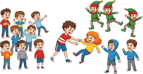 Cartoon Kids and Christmas Elves Playing Together – Fun Children Group Activity, Boys and Girls in Colorful Outfits – Vector Illustration