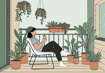 Serene balcony scene with a woman enjoying coffee surrounded by lush green plants on a sunny day, creating a tranquil oasis for relaxation and rejuvenation