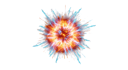 Abstract energetic burst of glowing orange and electric blue light with dynamic particles and radiating trails against a deep black background for text overlays. Concept of disruptive innovation