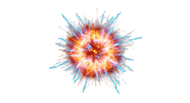 Abstract energetic burst of glowing orange and electric blue light with dynamic particles and radiating trails against a deep black background for text overlays. Concept of disruptive innovation