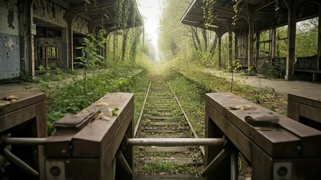 An abandoned and derelict train station has been reclaimed by nature with the tracks and platforms completely overgrown by lush green trees and vines in a post apocalyptic scene

