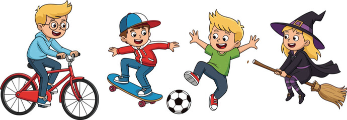 Cartoon Kids Playing Sports and Halloween Witch Flying – Fun Vector Illustration of Children Biking, Skateboarding, Soccer, and Magic