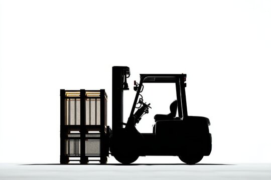 Silhouette of a forklift lifting wooden crates against a bright background in an industrial setting