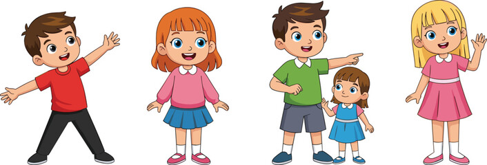 Cartoon Kids Set – Happy Children in Various Poses, Smiling Boys and Girls in Colorful Outfits – Vector Illustration