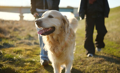 Adorable Golden Retriever Dog Walking On Leash