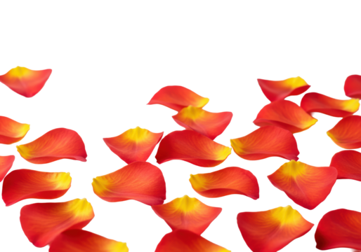 Pristine, vibrant red-orange-yellow flower petals scattered on a transparent studio surface with soft high-key lighting and copy space. Concept of natural beauty, purity, and elegance