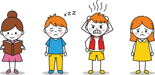 Cartoon Kids with Emotions and Activities – Reading, Sleeping, Angry, and Sad Expressions – Cute Children Character Vector Illustration