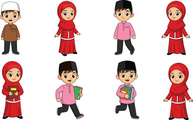 Cartoon Muslim Boys and Girls in Traditional Islamic Clothing – Kids with Books, Smiling Characters for School, Religion, and Education Concepts