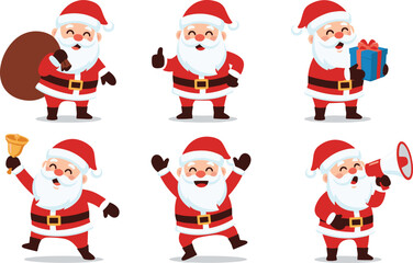 Cartoon Santa Claus characters with gifts, bell, sack, and megaphone, perfect vector set for Christmas and holiday design themes.