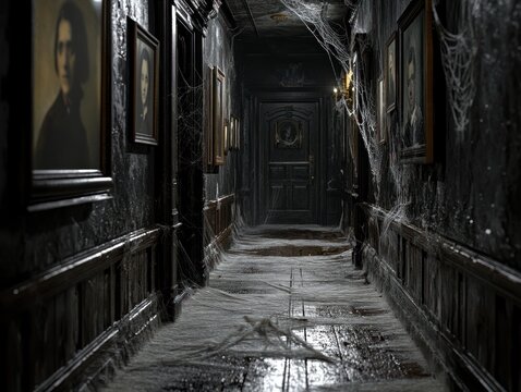 Explore a spooky haunted house hallway with cobwebs and portraits in the dark shadows
