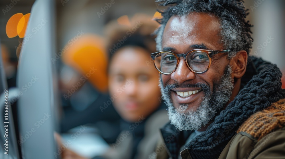 Poster smiling man with glasses in a busy workspace, engaged in conversation with a colleague