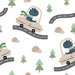 Naklejka premium Cartoon dinosaur driving a car seamless pattern. Vector hand drawn background