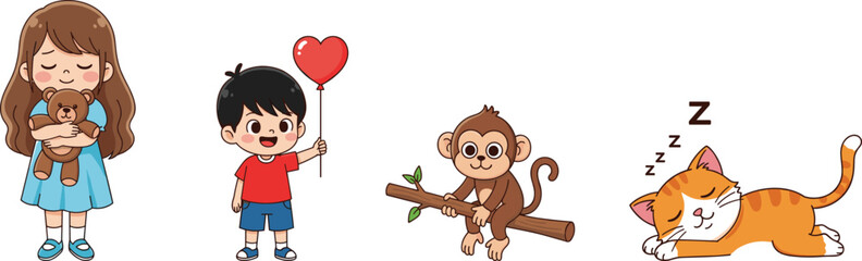 Cute cartoon set with kids, monkey, and sleeping cat, perfect for children’s book illustrations, posters, stickers, and vector designs.