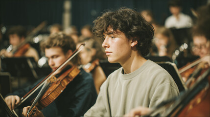 A diverse group of young musicians playing together in an orchestra, featuring a young man among them, performing with violins, cello, flute, trumpet, and percussion. Casual clothing, authentic expres
