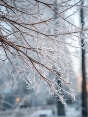 Obraz premium Frosty Branches Illuminate a Serene Winter Morning in a Quiet Forest