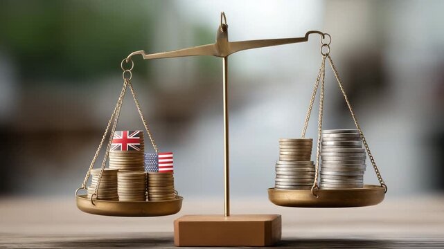 Balance scale with coin stack outweighing emerging market flag, emerging market debt, conceptual risk vs opportunity, neutral muted