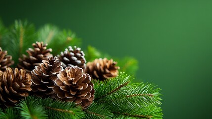 Fototapeta premium A Green Background With Pine Cones and Branches Decorated With Red Berries Creating Natural Festive Composition