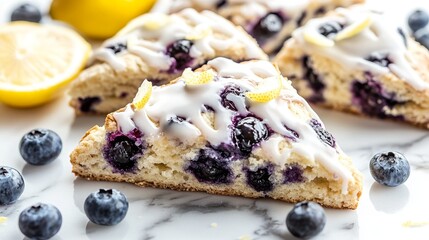 Fluffy Blueberry Scones With Lemon Slices on Wooden Table Creating Fresh and Rustic Breakfast Scene