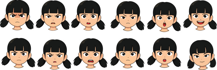 Girl Facial Expressions Set – Various Emotions Including Anger, Surprise, Happiness, and Neutral – Cartoon Character Illustration